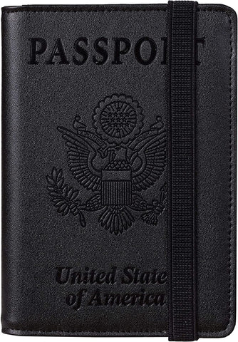 Travelambo RFID Blocking Leather Passport Holder Cover Case Travel Wallet Elastic Strap(01 Black NP Black)