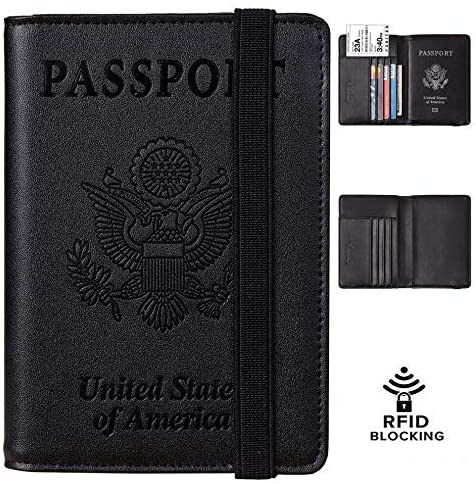 Travelambo RFID Blocking Leather Passport Holder Cover Case Travel Wallet Elastic Strap(01 Black NP Black)