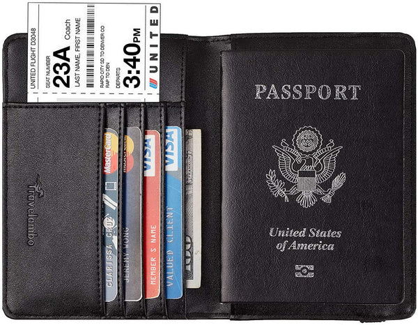 Travelambo RFID Blocking Leather Passport Holder Cover Case Travel Wallet Elastic Strap(01 Black NP Black)